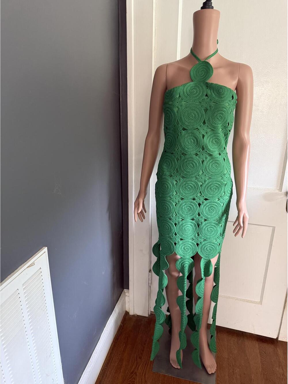 Lena size Medium Green Crochet Halter Neck Dress with Fringe Detail